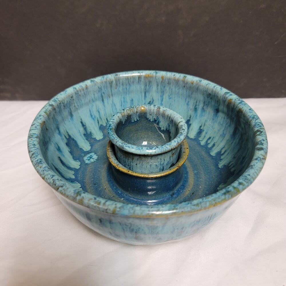 Vintage Blue Olive Serving Set Two Piece Ring Bowl with Sauce Cup Handmade